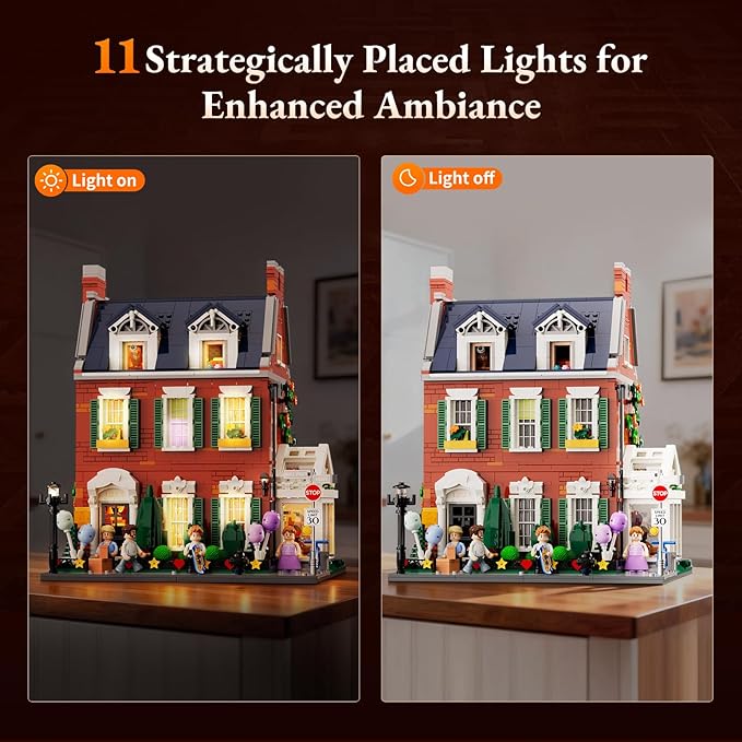 LUMIBRICKS Redbrick Row House Lighting Building Bricks Set - City Town LED Light Modular Construction Model Collection Display Kit with Minifigures 2663 Pcs for Adults & Teens