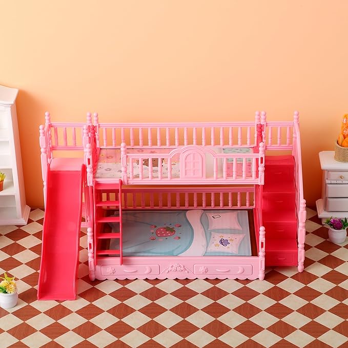 TOYANDONA Baby Doll Bunk Bed for Girls, Miniature Furniture Dollhouse Bed with Stairs, Plastic Mini Bedroom Furniture Birthday 1/12 Scale