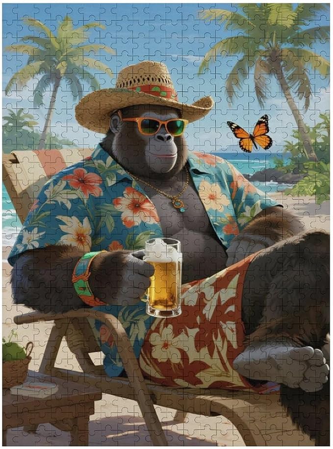 Summer Gorilla – 500 Piece Jungle Animal Wooden Jigsaw Puzzle, Summer Gorilla Illustration, Family Fun, Brain Challenge, Relaxing Hobby