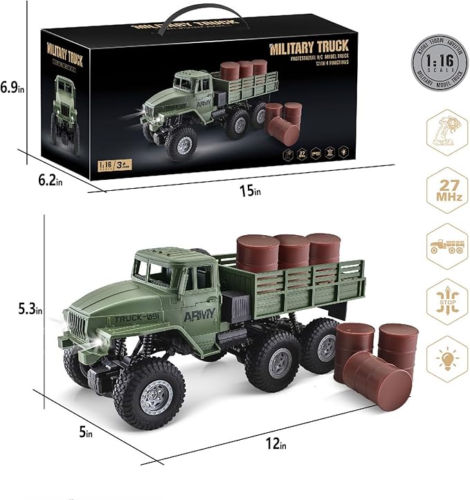RC Military Truck 6x6 Road Remote Control Car 1/16 Scale Remote Control Truck 4WD All Terrain Rock Army Transport Vehicle Toy Vehicle for Kids Children Boy Gift