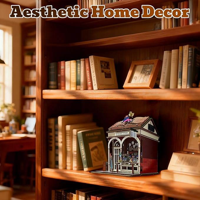 3D Wooden Puzzles Book Nook Kits for Adults Miniature House Building Kits, DIY Tiny Wooden Crafts Model Bookshelf Decor with LED Lights, Gifts for Family, Friends, Christmas(Bookstore)