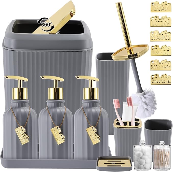 WSBArt 17PCS Bathroom Accessory Set Bathroom Set Grey Bathroom Accessories,Toilet Brush,Trash Can, Qtip Holder Dispenser& 3PCS Soap Dispenser