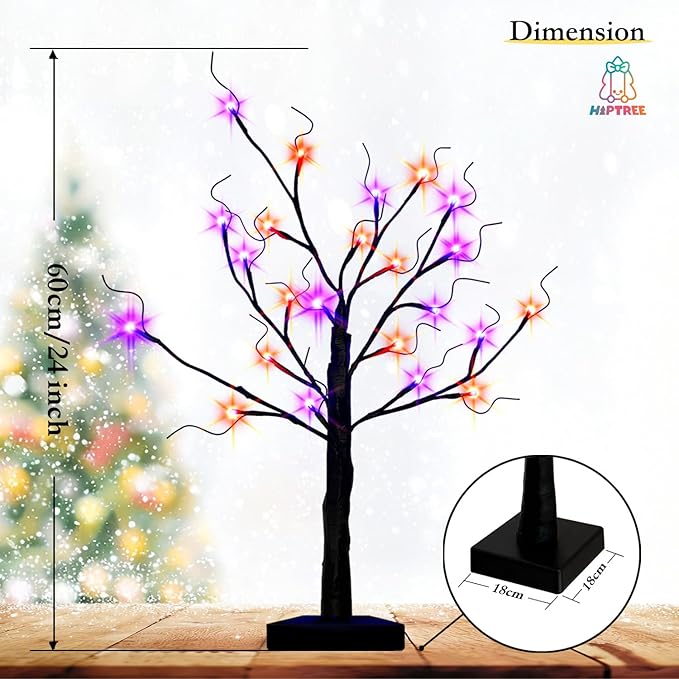 HipTree 2-Pack Lighted Halloween Christmas Fall Tree Decorations Indoor, 2ft Black Birch Tree with LED Lights, Small Tabletop Christmas tree with lights, Warm White Battery- Powered Fairy Light Spirit