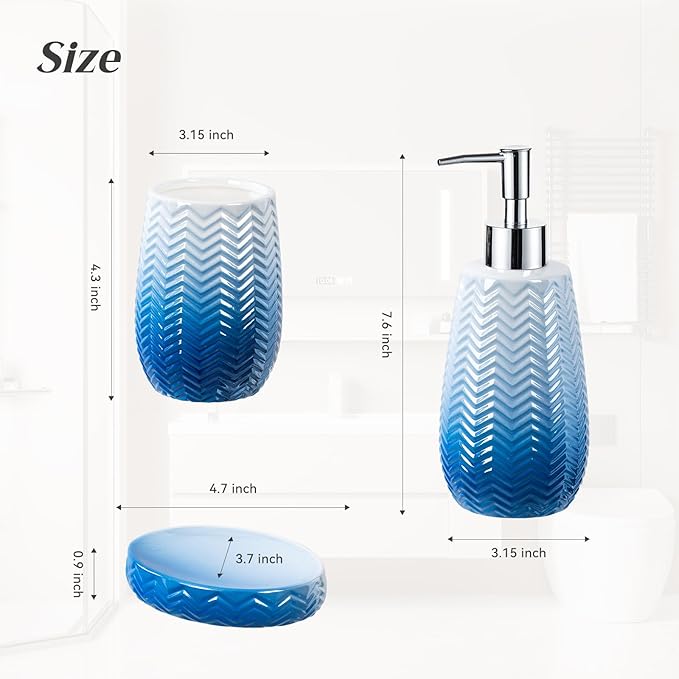 Blue Bathroom Accessories Set, 3 Pcs Ceramic Bathroom Decor Contain Toothbrush Holder,Soap Dispenser, and Soap Dish.
