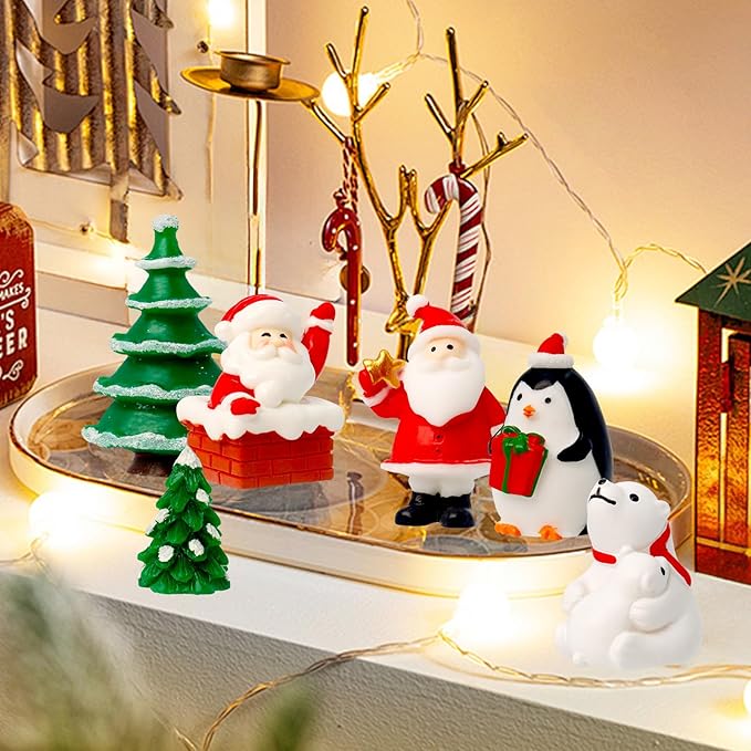 Bbiamsleep 40 Pcs Mini Resin Christmas Figures Miniature Christmas Figurines Xmas Miniature Ornaments Snow Globe Figurines for Fairy Garden Xmas Snow Globes Village Decor