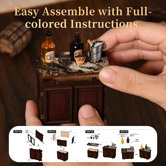 Hallisun DIY Miniature House Kit, Mini 3D Wooden Corner Tavern Building Kit with Furniture and LED, Tiny Diorama Dollhouse Model Set, Handmade House Craft Birthday for Adults Teens