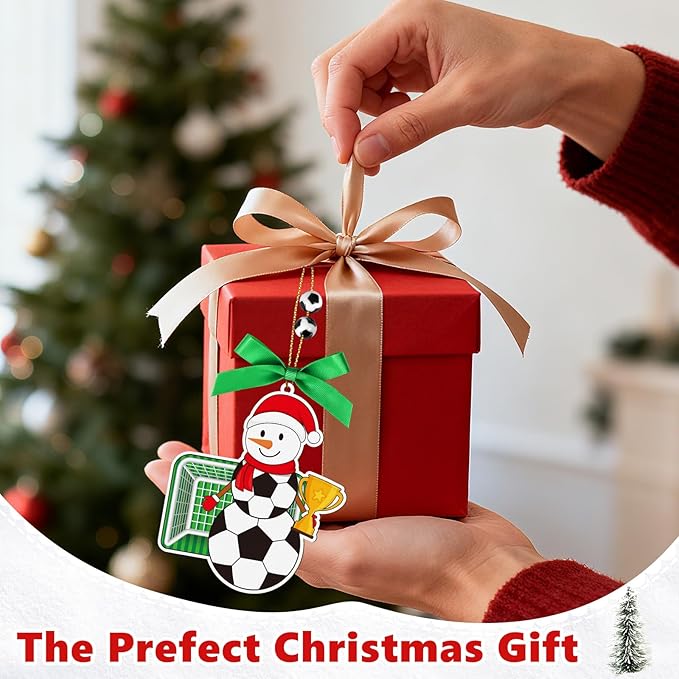 4.3 Inches Snowman Soccer Christmas Ornament, Wooden Soccer Snowman Tree Ornament Hanging Decoration for Rearview Mirror, Window, Eaves, Fireplace and Home Holiday Party Decor