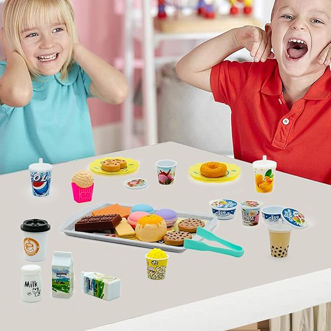 Pretend Play Kitchen Mini Foods Set for Kids Hamburger Fries Noodles Drink with Tray Playset,Play House Kitchen Accessories Role Toys Birthday Gifts for Boys Girls 3 4 5 Yrs (29Pcs Dessert Drinks)