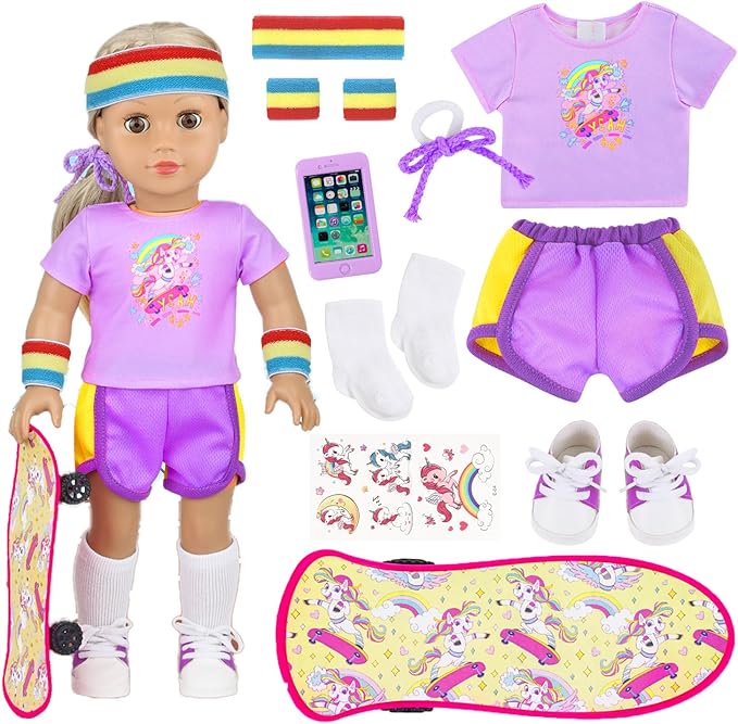 American 18 Inch Doll Skateboard Outfit Set for - 11pcs Fashion Doll Clothes and Accessories