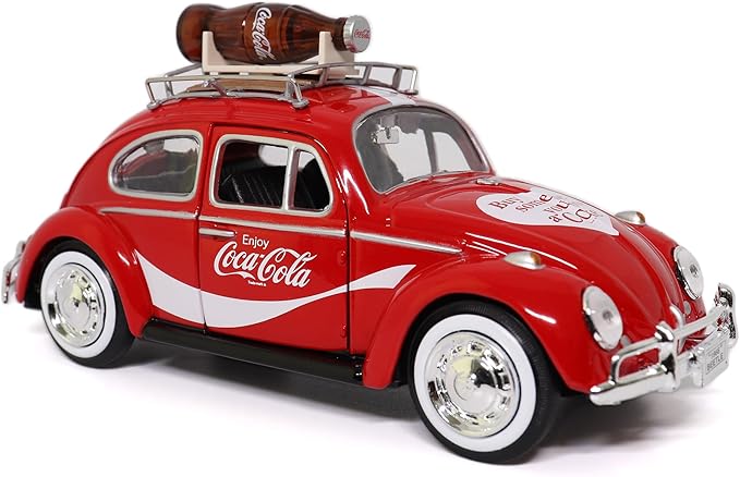 Motor city classics Coca-Cola Diecast Collectible | 1966 VW Beetle with Bottle on Top Rack | 1:24 Diecast Scale Model 424066 | Officially Licensed Coca-Cola Diecast