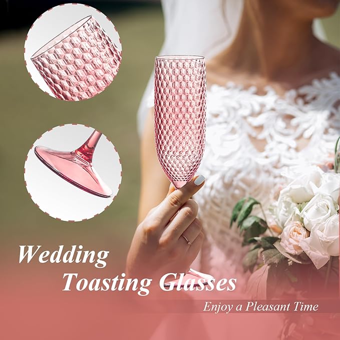 Plastic Champagne Flutes Champagne Glasses Unbreakable Wedding Toasting Glasses Reusable Diamond Wine Glasses Crystal Clear Party Wine Cups Vintage Drinking Glasses 5.5 OZ for Wedding (24, Pink)
