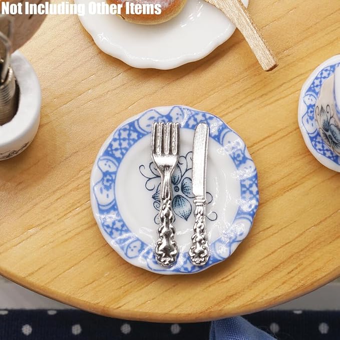 Odoria 1/12 Miniature Porcelain Tea Set Plates and Silverware Kitchen Utensils Dollhouse Accessories, Blue Petals
