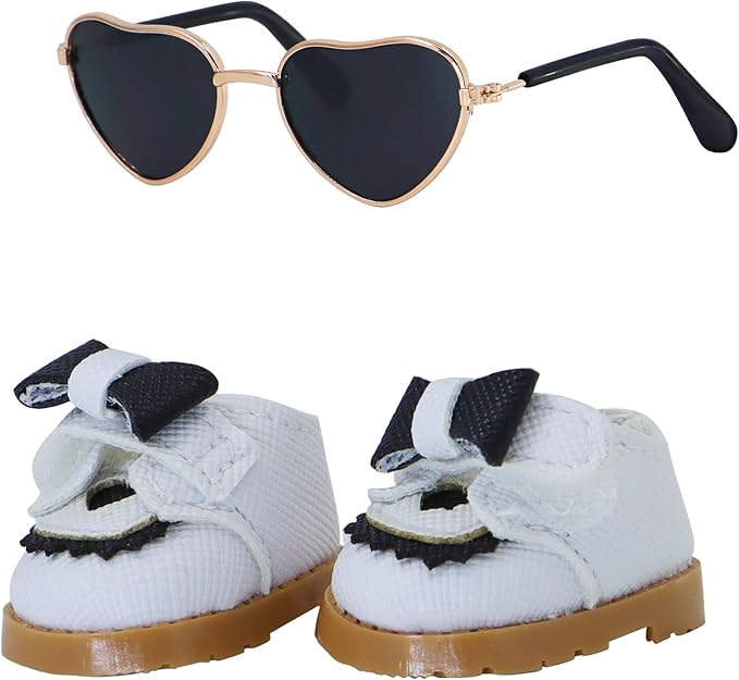 Suitable for 17cm Doll Clothing Accessories Set, Mini Fashionable Small Leather Shoes with Bow Tie and Glasses Two-Piece Set (White2)