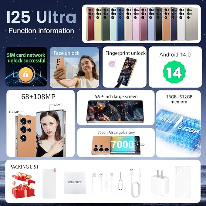 BDWJW I25 Ultra Smartphone 16GB+512GB Android 14 Smartphone, 6.99" FHD+ Display, 7000mAh Battery, 108MP+68MP Dual Camera, Built-in Pen Stylus, Fast Performance Large Memory (Titanium Orange)