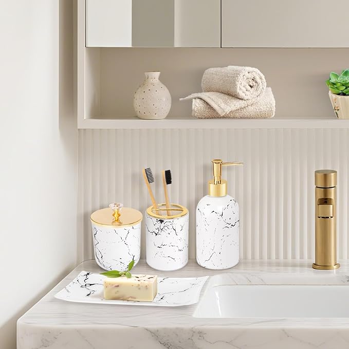Haturi Glass Bathroom Accessories Set – 4-Piece Marble-Style White and Gold Bathroom Set with Soap Dispenser, Toothbrush Holder, Jar with Lid – Elegant Glass Design for Modern Vanity Décor