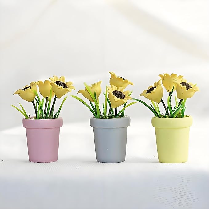 Miniature Sunflower Pots, 1/12 Scale, Dollhouse Accessories Resin Home Decor, Realistic Clay Flower Plants in Pots Blooming House Plant Home Indoor Decoration