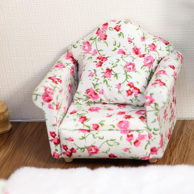 Dollhouse Couch with Pillow 1 12 Scale Miniature Sofa Arm Chair Living Room Furniture Wooden Fabric Frame Single Reading Chair Artificial House Room Scene Decoration (Rose Floral)