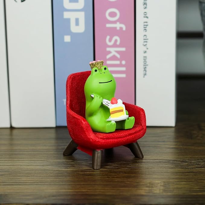 Miniature Frog Eating Cake Figurine - Funny Frog Sculpture for Shelf, Desk Decoration - Perfect Cute Frog Gift for Frog Lovers(Red Sofa)