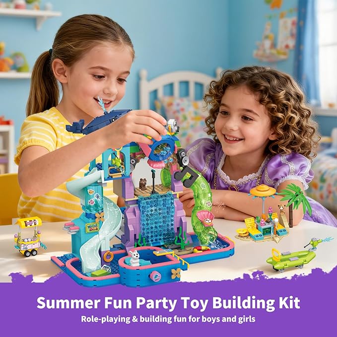 1150Pcs Friends Water Park Building Set, STEM Summer Fun Party Toy with Swimming Pool Slides,Water Canons,Diving Platform,Animal, Pretend Play Kit for kids, Birthday Gifts for Girls Ages 6-12+