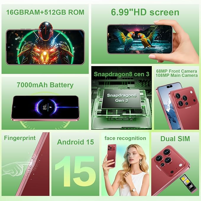 Huness I17PROMAX Smartphone Unlocked Cell Phone,6.99" HD Screen Unlocked Phone,16+512GB Android 15 Battery 7000mAh,Face ID/Dual SIM/5G/Fingerprint Button Unlock/Photos/GPS (Wine Red, 16+512G)