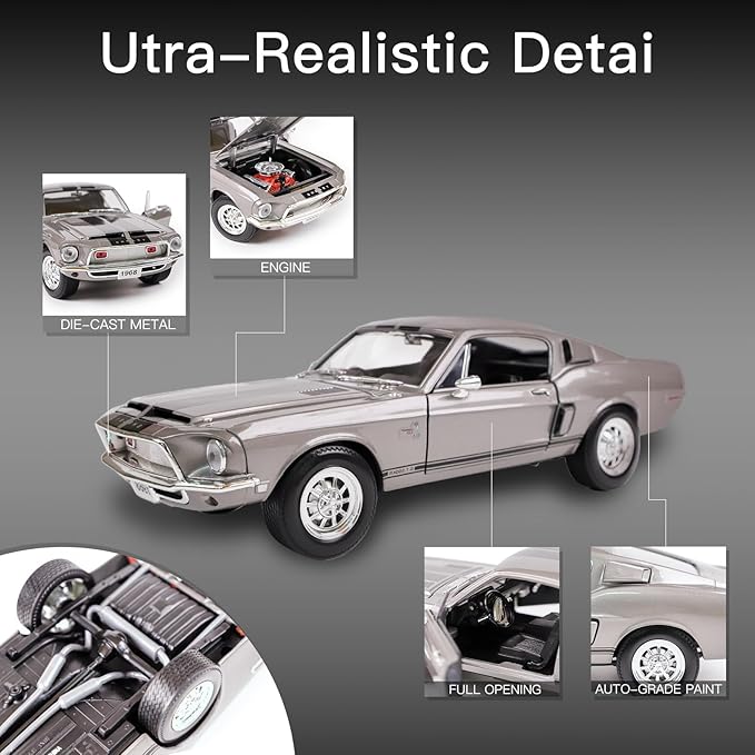 Shelby 1968 GT-500KR 1:18 Diecast Model Car - King of The Road, Opening Doors, Steering Linkage | Premium Gift Box, Man Cave Decor | Ages 14+,Gray