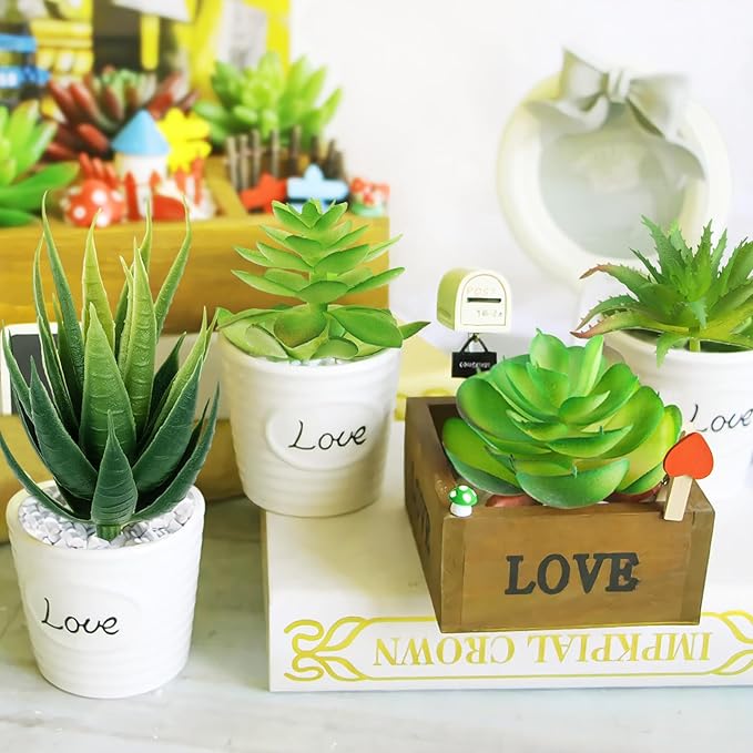 PietyPet Fake Succulent Plants, 6pcs Mini Green Succulent Plants Faux, Artificial Succulents Plants for DIY Crafting Home Floral Wall Office Decoration (excluding pots)