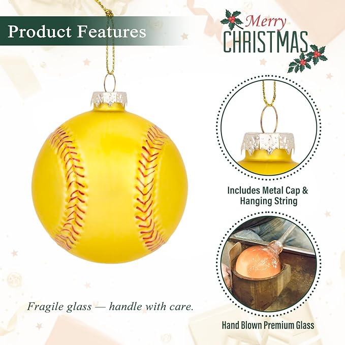 3.15” Christmas Softball Glass Blown Ornament, 2025 Hand-Painted Small Mini Sports Ball Decoration for Boys and Girls, Xmas Tree Holiday Decor Kids Themed Party Gifts