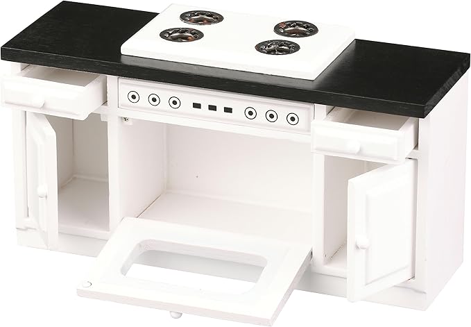 Wooden Dollhouse Kitchen Stove, Miniature Dolls House Oven, Four Burners, Range, Cabinet, 1/12 Scale, White Farmhouse
