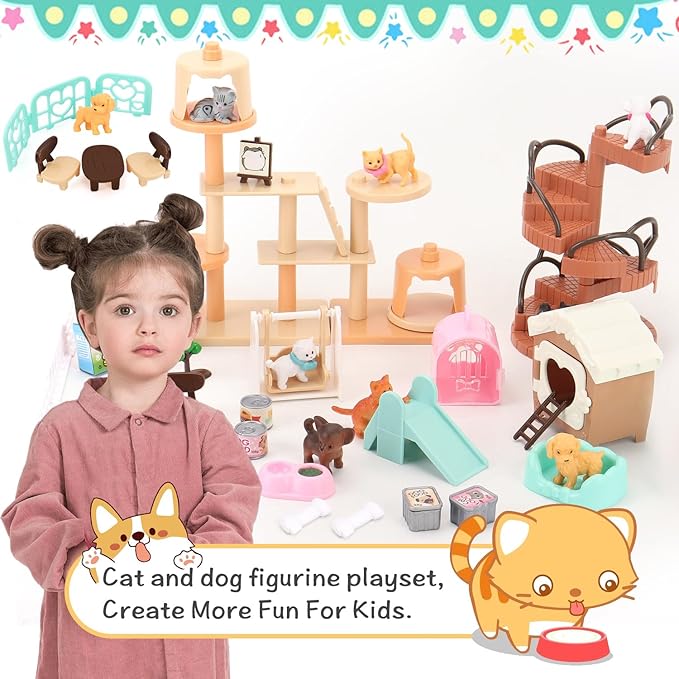 67 PCS Cat and Dog Pet Figurine Playset, Pretend Play Toy for Kids Creative DIY Realistic Detailed, Educational Gift for Kids, Toddlers, Boys and Girls
