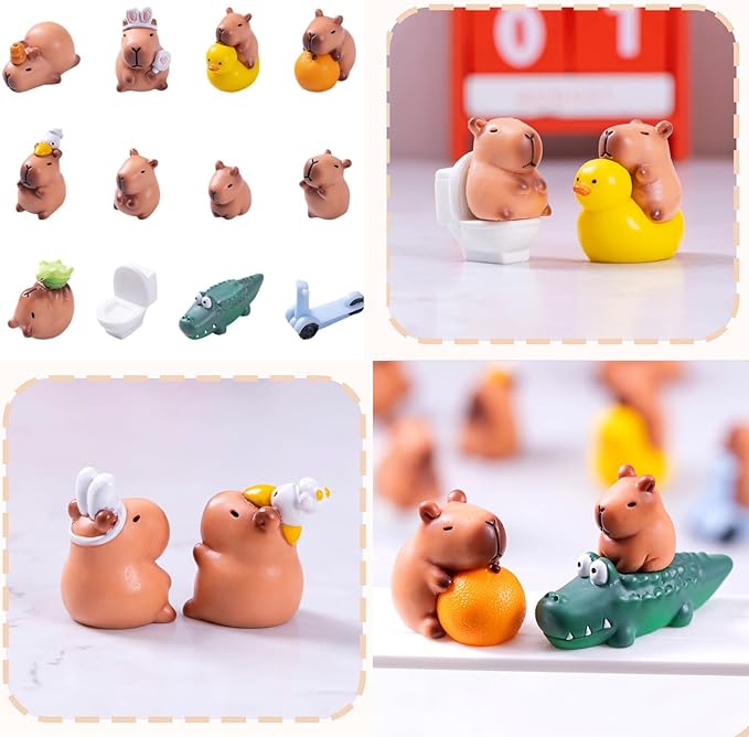 12pcs Mini Capybara Figures, Small Resin Animals Miniature Figurines Garden Accessories Little Gifts for Dollhouse Cake Toppers Car Dashboard Fairy Garden Stuff Decorations