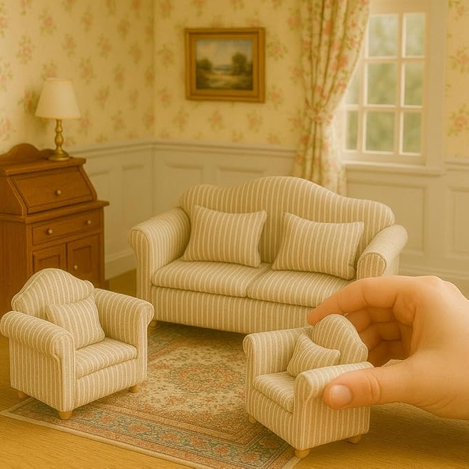 3PCS Dollhouse Couch – 1/12 Scale Miniature Double & Single Sofa with Pillow Upholstered Armchair Set, Doll House Living Room Mini Furniture Accessories Timeless Classic for Bedroom Sectional Décor