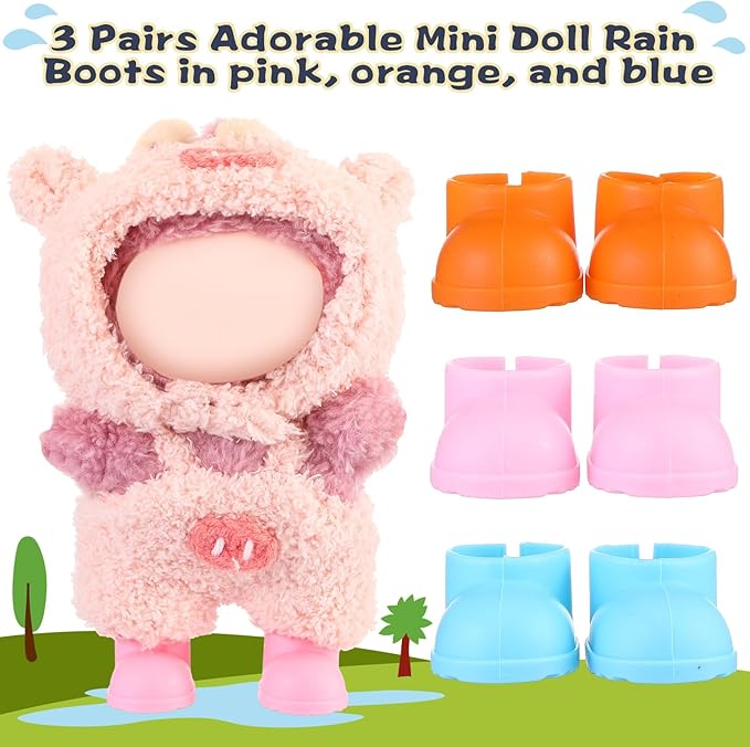 3 Pairs Cute Doll Shoes for 17cm Dolls Mini Rain Boots Fit Perfectly on 15cm/17cm Standing Sitting Series Multi Color Plastic Boots Cute Clothes Accessories (Pink Blue Orange)