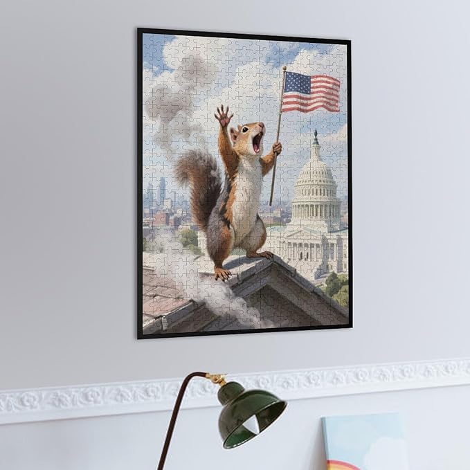 Patriotic Squirrel – 500 Piece Woodland Wooden Jigsaw Puzzle, Patriotic Squirrel Artwork with Flags, Brain Exercise, Family Fun, Stress Relief