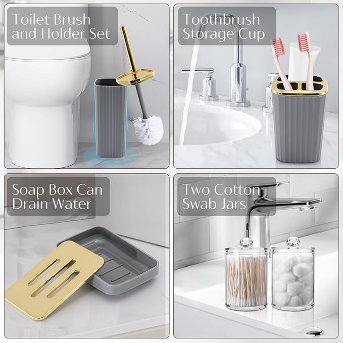 WSBArt 17PCS Bathroom Accessory Set Bathroom Set Grey Bathroom Accessories,Toilet Brush,Trash Can, Qtip Holder Dispenser& 3PCS Soap Dispenser