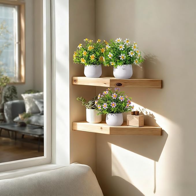 Yarmare 3 Pack Small Fake Plants Artificial Potted Flowers for Indoor Mini Faux Plants with Flowers Greenery for Home Decor Living Room Bathroom Bedroom Office Table Shelf (White+Yellow+Purple)