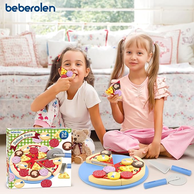 Wooden Pizza Play Food Set - 24 Pcs Cutting Toys, Pretend Play Kitchen Accessories for 3-5 Year Old Toddlers Boys & Girls