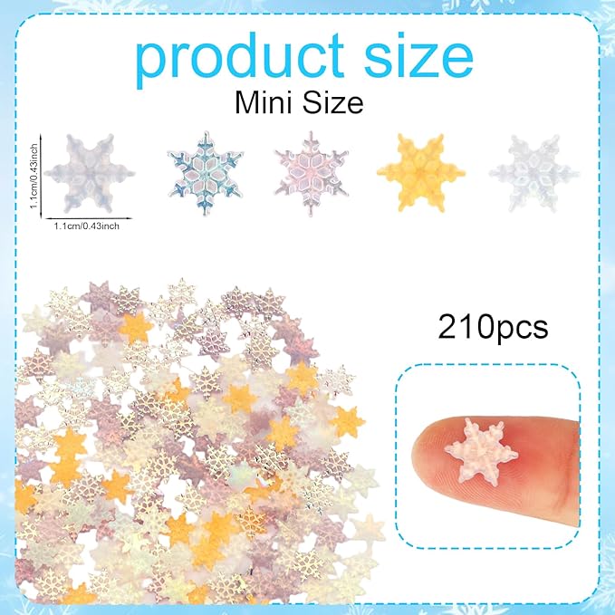 210pcs Mini Snowflakes, Resin Winter Miniature Snowflakes Ornaments Funny Small Tiny Christmas Decorations Suitable for Micro Landscape Garden Home Decor