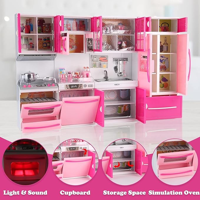 RBN Doll Size Pink Modern Kitchen Cooking Toy Play Set Play House & Accessories with Doll Girls Pretend Play Furniture Appliances with Lights & Sound - Pink
