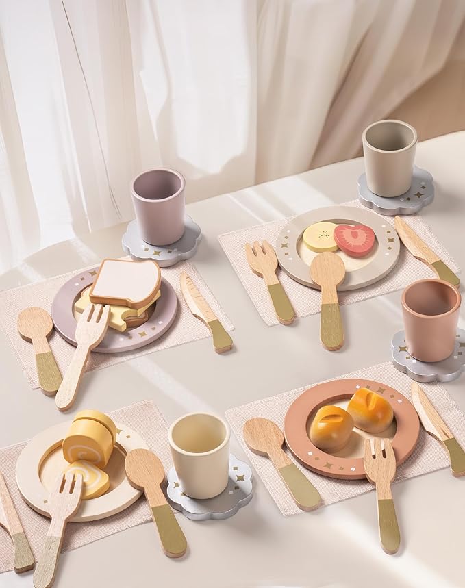 ROBUD 4-Set Wooden Play Dishes Set - Montessori-Inspired Play Food Accessories for Kids, Pretend Play Kitchen Set for Toddlers, Role Play Gift for Boys and Girls