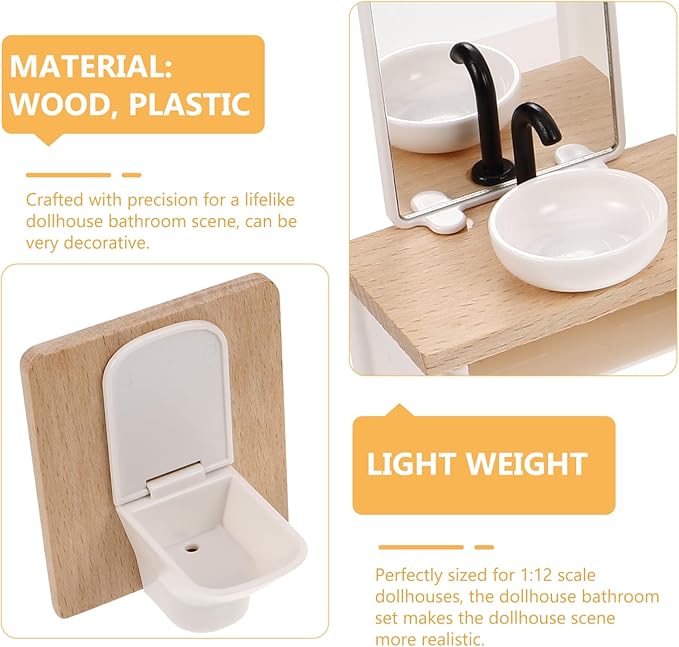 SHINEOFI 1:12 Scale Dollhouse Bathroom Furniture Set: 8Pcs Miniature Accessories Includes Sink Toilet Bathtub Shower Vanity Stool Towel Rack for Dollhouse Decor