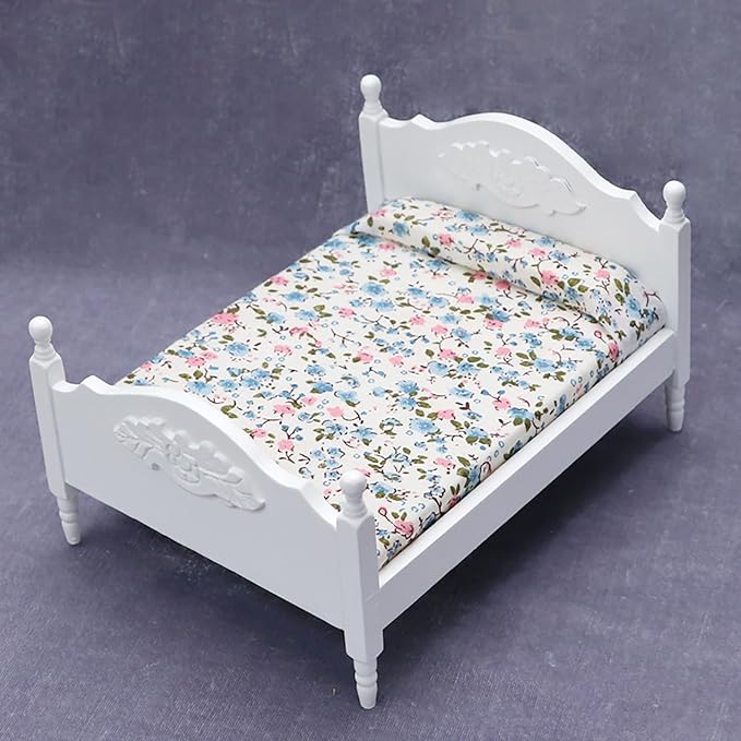 1/12 Dollhouse Bed Miniature Queen Bed Mini Woode Bed for Dollhouse Bedroom Furniture (White)