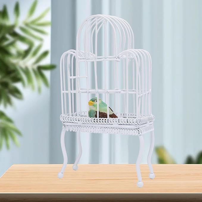 1:12 Scale Dollhouse Bird Cage Metal Miniature Bird Cage Realistic Opening Door Miniature Dollhouse Bird Cage with Fake Grass Bird Sticker (White)