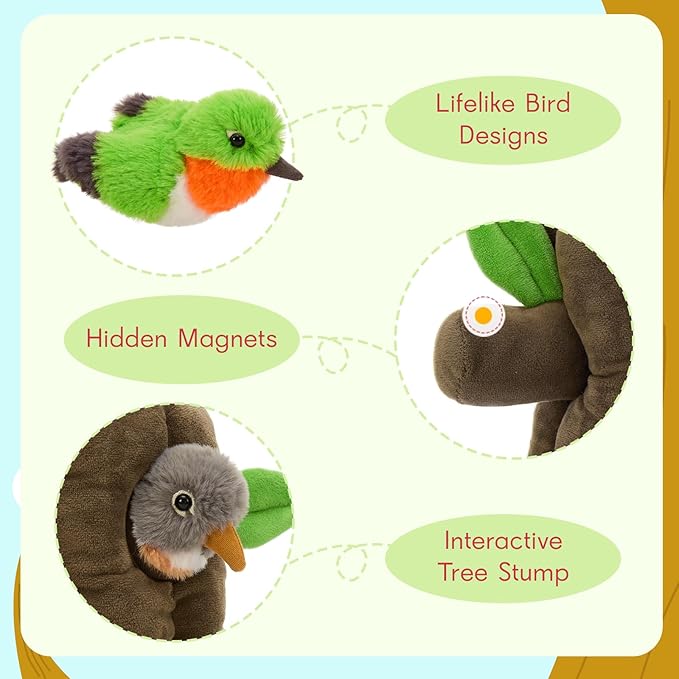 5Pcs Bulk Bird Stuffed Animal Set, Tree House Plush with 3 Small Bird Plushies(Robin, Hummingbird, Northern Cardinal) & 1 Egg, Magnetic Stuffed Tree Toys for Kids,Birders