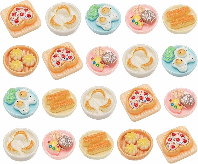 Dollhouse Miniature Food, Cute Mixed Breakfast Plate Figures Toys Mini Resin Foods Trinkets for Pretend Play Kitchen Cooking Game & Doll House Decor (Mixing Colors, 20pcs)
