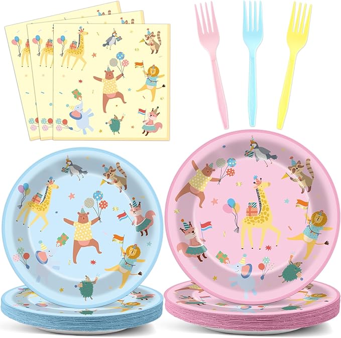 96Pcs Animal Parade Party Supplies Pastel Animal Parade Paper Plates and Napkins Jungle Safari Theme Tableware Decorations Set for Kids Girls Birthday Baby Shower Celebration Party Favor Serves 24