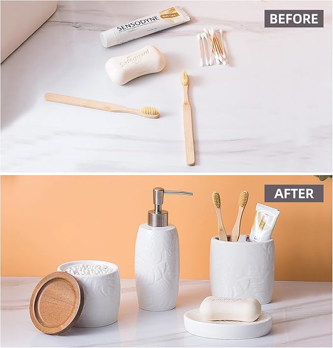 Bathroom Accessories Set,Leaf Design Bathroom Accessory Set,4 PCS Ceramic Gift Set Apartment Necessities, Contain Cotton Swab Jar,Soap Dispenser,Soap Dish,Tumbler White