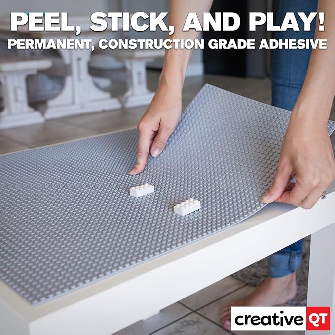 Creative QT Peel-and-Stick Building Baseplates - 4-Pack 10 x 10 in Gray Adhesive Brick Baseplates for Building Toy Brick & Block Play on Tables & Walls - Stackable Creative Building Toy Pack