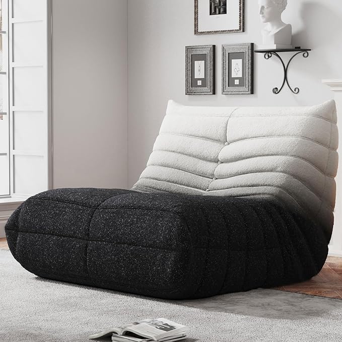 Memory Foam Bean Bag Chair for Adults, Teddy Material Beanbag Sofa with Filler, Cozy Floor Lounge Seat for Living Room, Bedroom, Dorm, Office (Black White)