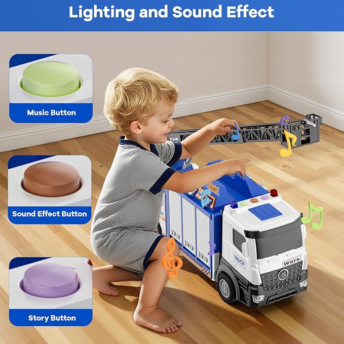 3-in-1 Large Fire Truck Toy with Garage & 6 Cars, Water Pump, Extendable Ladder, Lights & Siren Sounds, Fire Rescue Truck Vehicle Toy for Boys Girls 3+, Christmas Birthday Gift