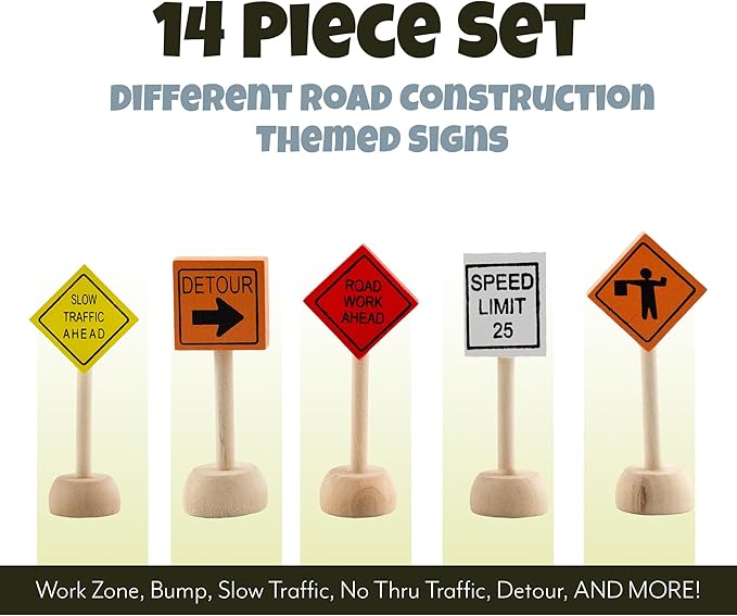 Attatoy Toy Wooden Road Construction Traffic Sign Set; Street Signs Small Toy Cars and Other Diecast Vehicles & Wood Cars & Toys